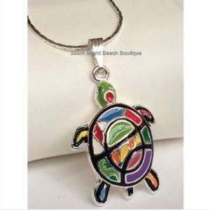 Sea Turtle Necklace 18" Pop Art Island Beach Nautical Silver Plated Multicolor